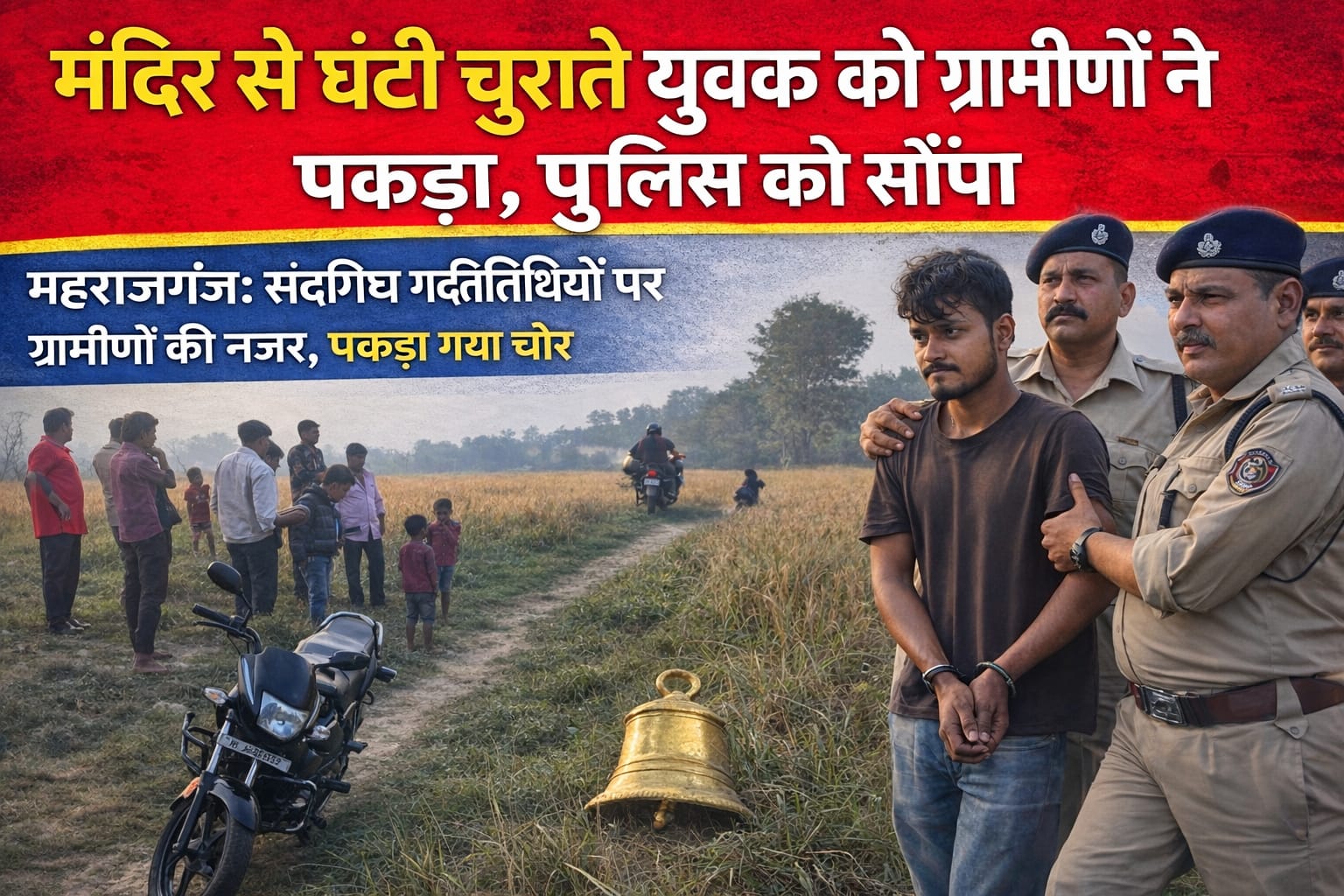 मंदिर की घंटी चोरी करते रंगे हाथ पकड़ा गया युवक, ग्रामीणों ने चोर को पकड़कर पुलिस को सौंपा