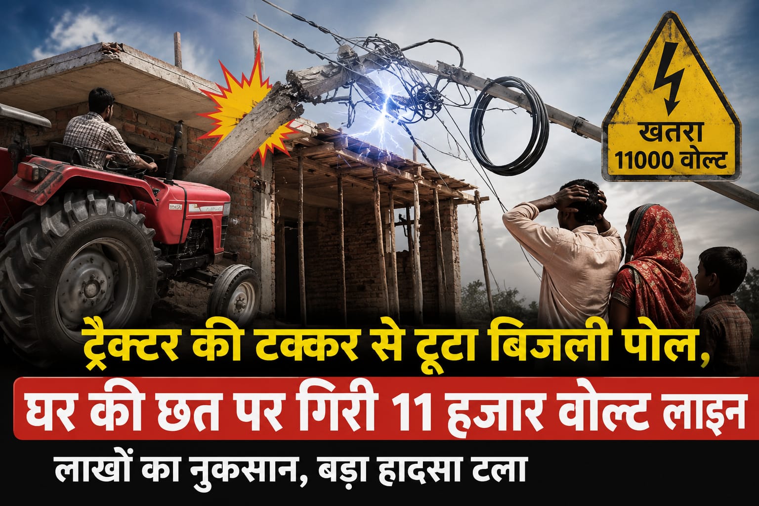 Rampur: तेज रफ्तार ट्रैक्टर की लापरवाही से मच गया हड़कंप, बिजली का पोल टूटते ही मकान पर गिरी हाईटेंशन लाइन