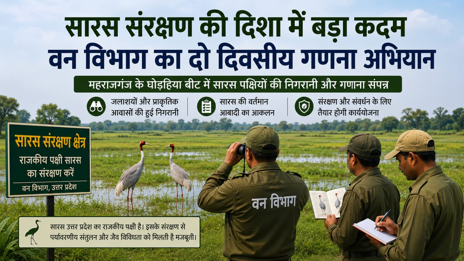 महराजगंज में सारस संरक्षण को लेकर वन विभाग सक्रिय, विशेष गणना अभियान चलाया गया