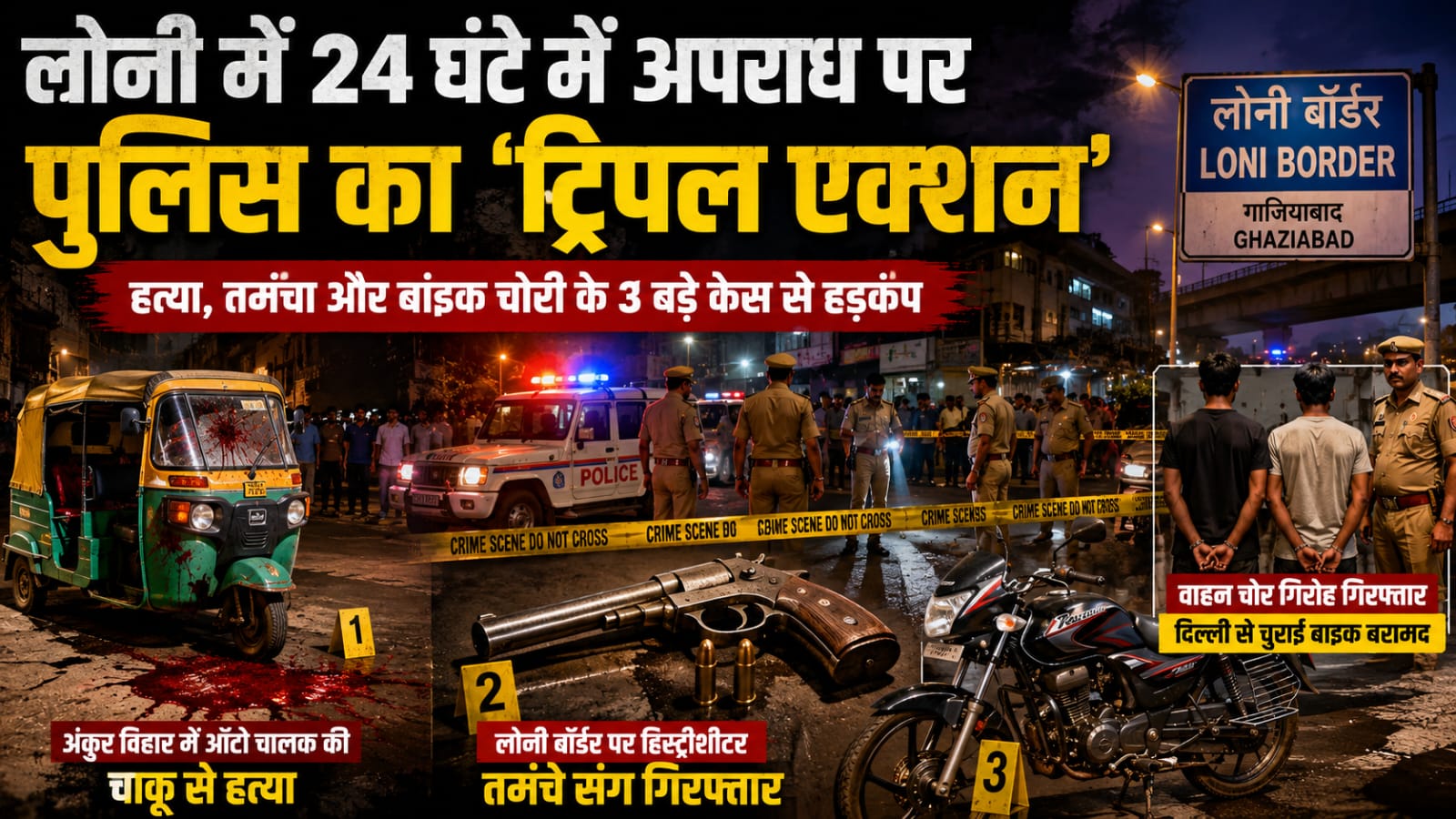 लोनी में 24 घंटे का क्राइम ड्रामा: पुरानी रंजिश में कत्ल, अवैध तमंचा बरामद, चोरी की बाइक संग आरोपी गिरफ्तार