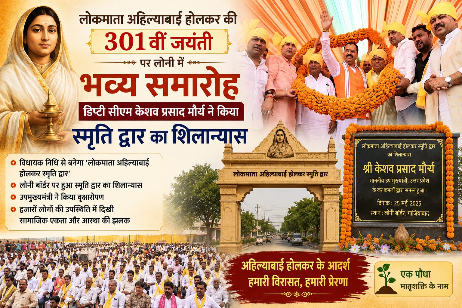 लोनी में लोकमाता अहिल्याबाई होलकर को भव्य श्रद्धांजलि, डिप्टी सीएम केशव प्रसाद मौर्य ने किया स्मृति द्वार का शिलान्यास