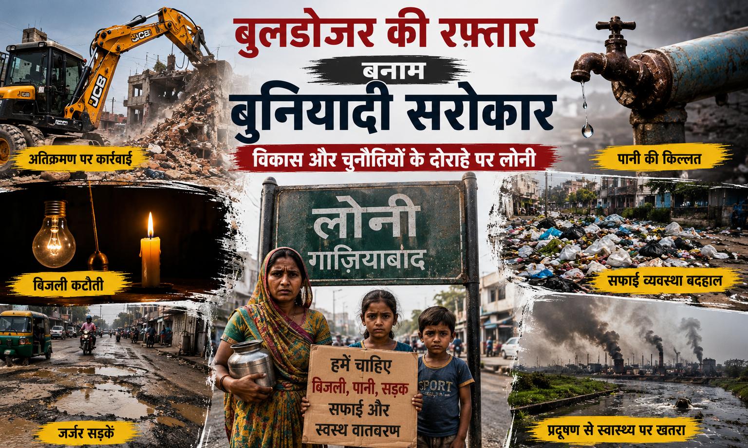 लोनी में बुलडोजर एक्शन तेज, लेकिन बुनियादी सुविधाओं पर उठ रहे बड़े सवाल, देखिए जनसमस्याओं की पूरी तस्वीर