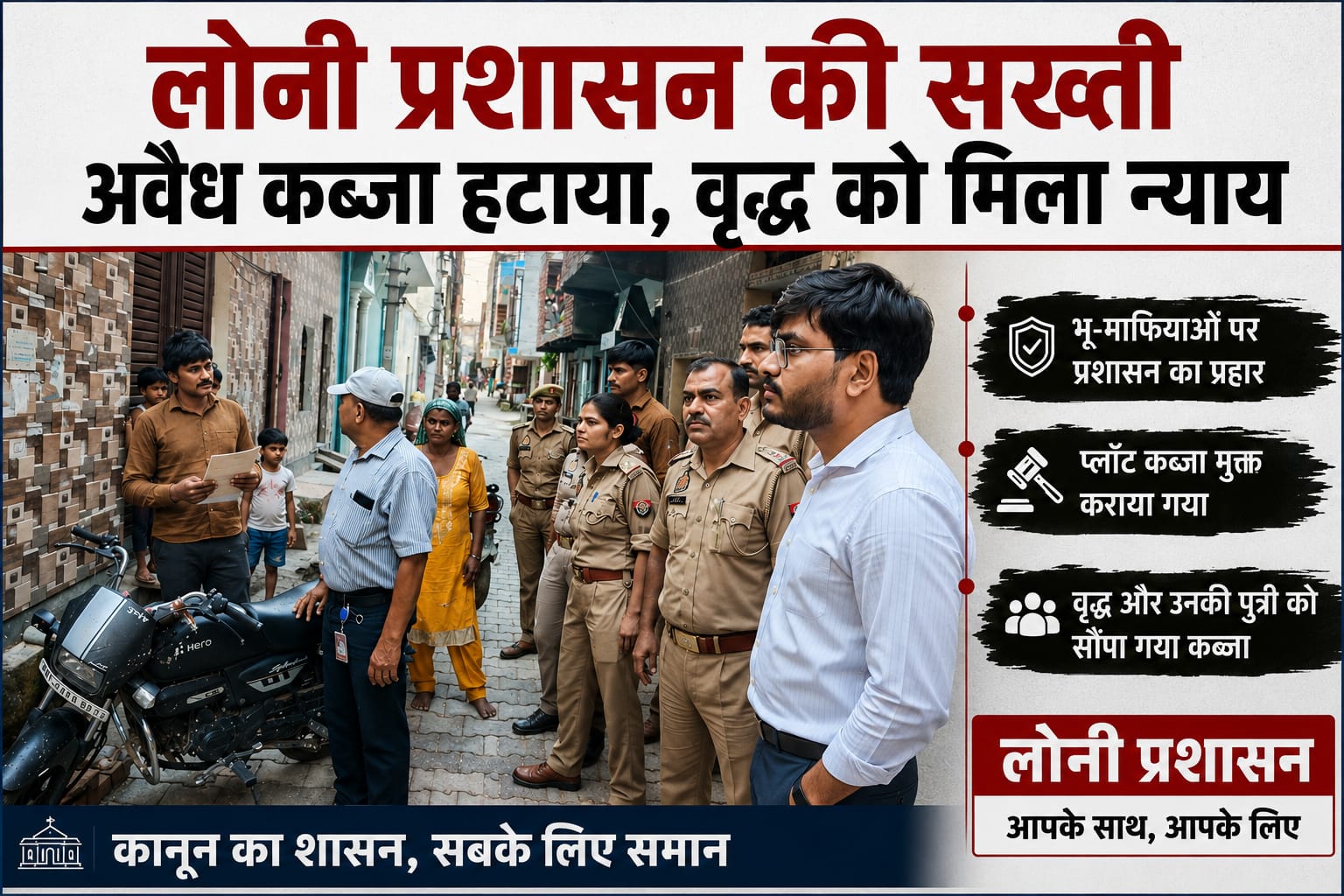 लोनी प्रशासन का भू-माफियाओं को कड़ा संदेश, बुजुर्ग की पुकार पर हरकत में आया सिस्टम, घंटों में खाली कराया प्लॉट