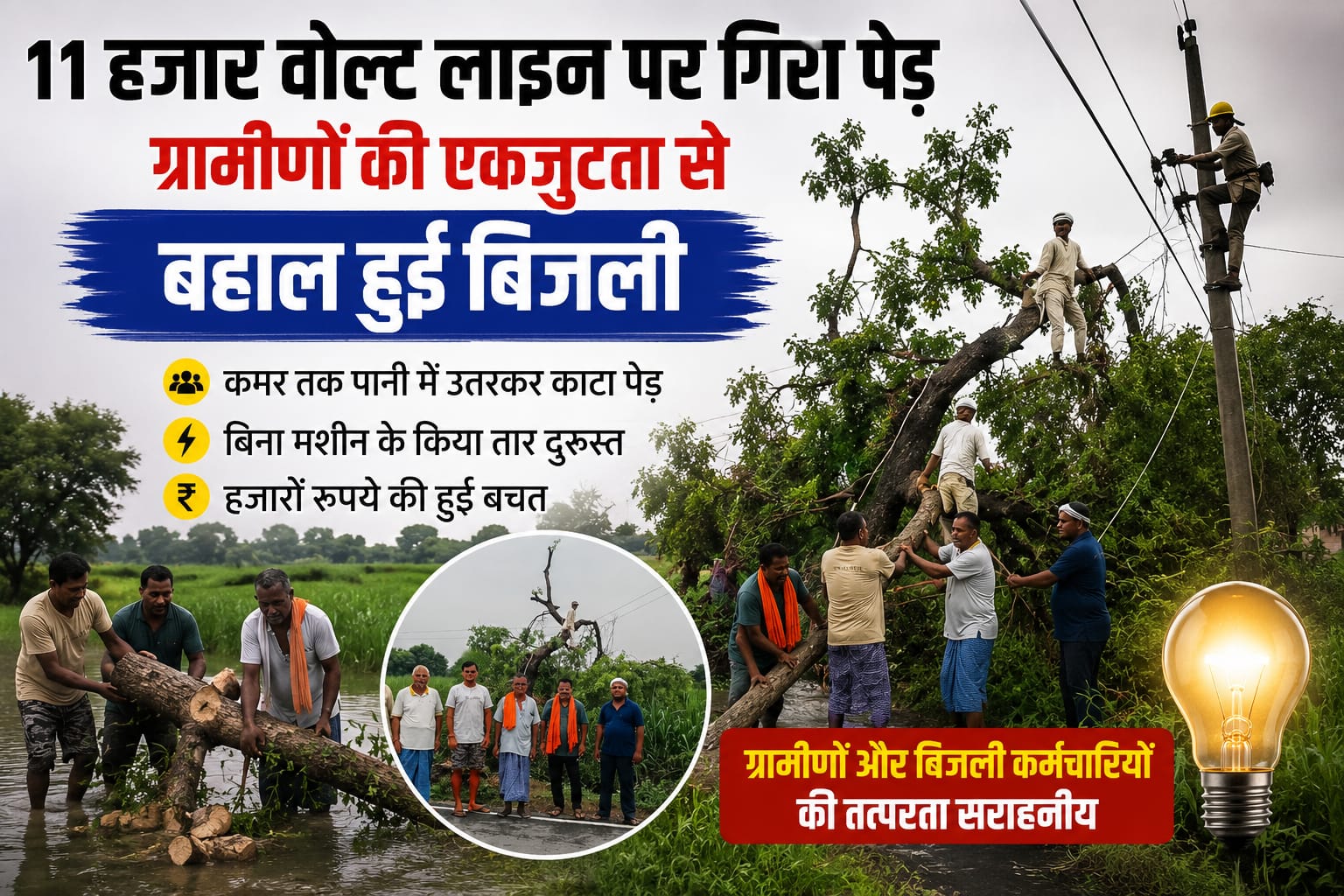 कुशीनगर में 11 हजार वोल्ट लाइन पर गिरा विशाल शीशम का पेड़, ग्रामीणों ने कमर तक पानी में उतरकर बहाल कराई बिजली