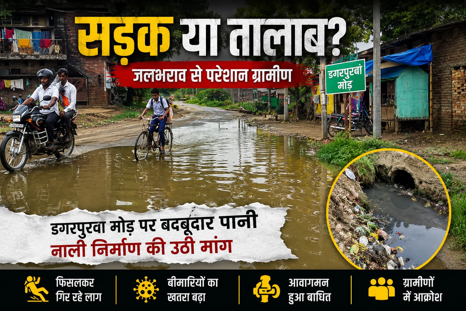 Maharajganj: बरसात में डगरपुरवा मोड़ बना मुसीबत का रास्ता, महामारी फैलने की आशंका से ग्रामीण चिंतित