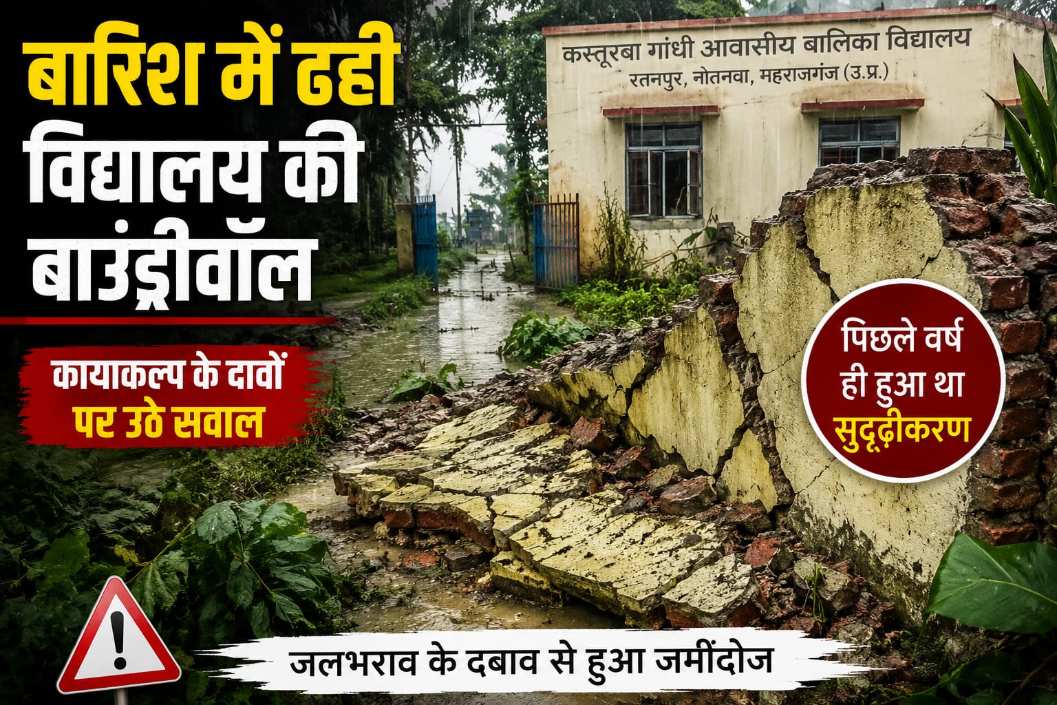 कायाकल्प के दावों की खुली पोल! बारिश में ढही रतनपुर विद्यालय की दीवार, निर्माण गुणवत्ता पर उठे सवाल