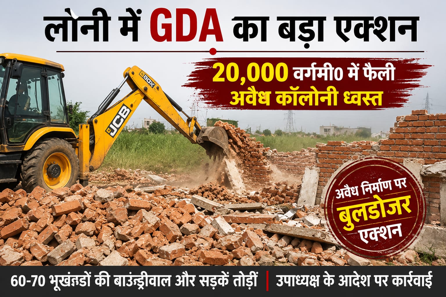 लोनी में गरजा GDA का बुलडोजर, 20 हजार वर्गमीटर में बसी अवैध कॉलोनी जमींदोज, सड़कें भी तोड़ी गईं