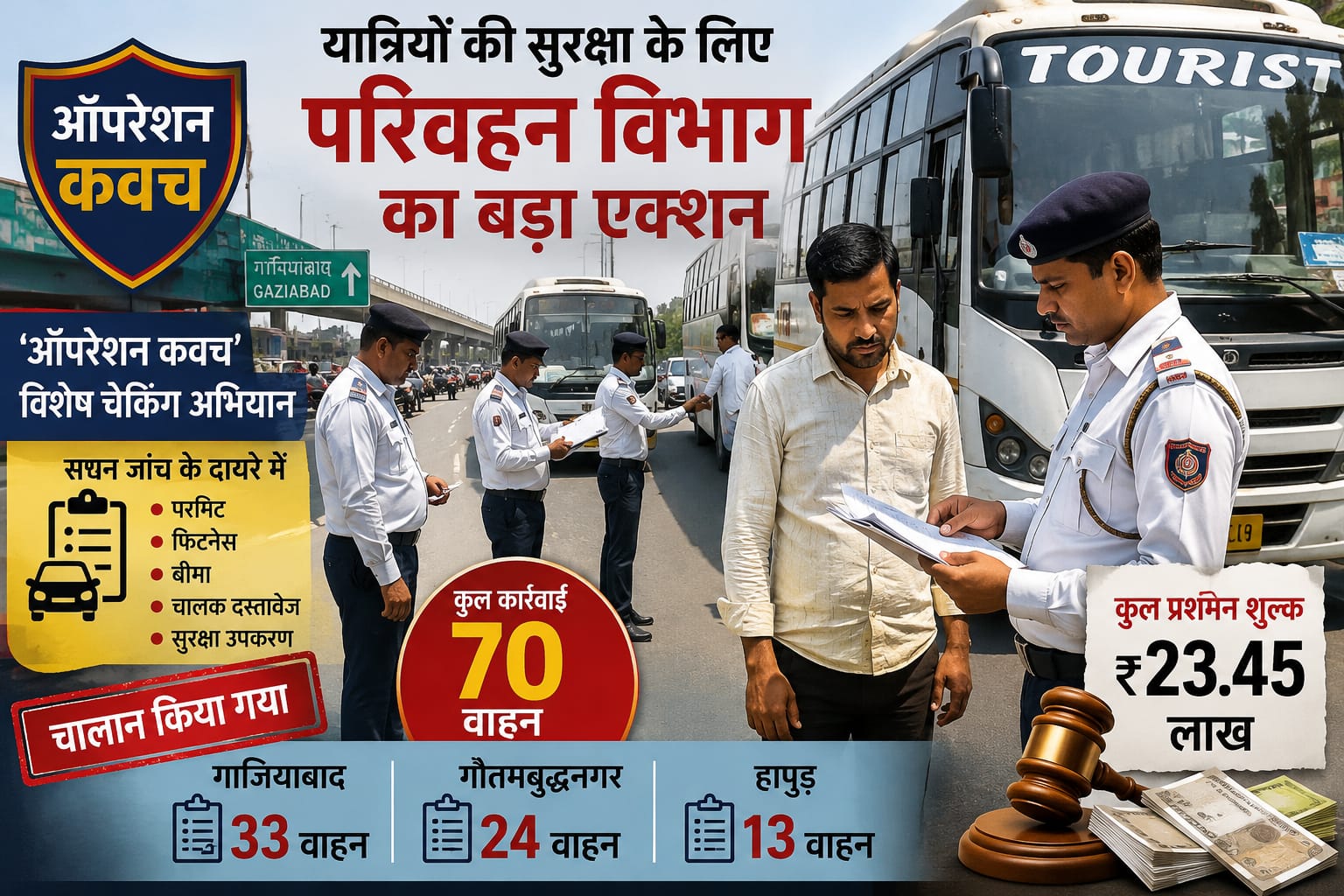 गाजियाबाद में सड़क सुरक्षा पर परिवहन विभाग का शिकंजा, तीन जिलों में 70 वाहनों के चालान
